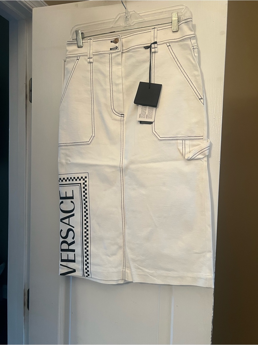 Versace White Midi Skirt with Black Logo Panel